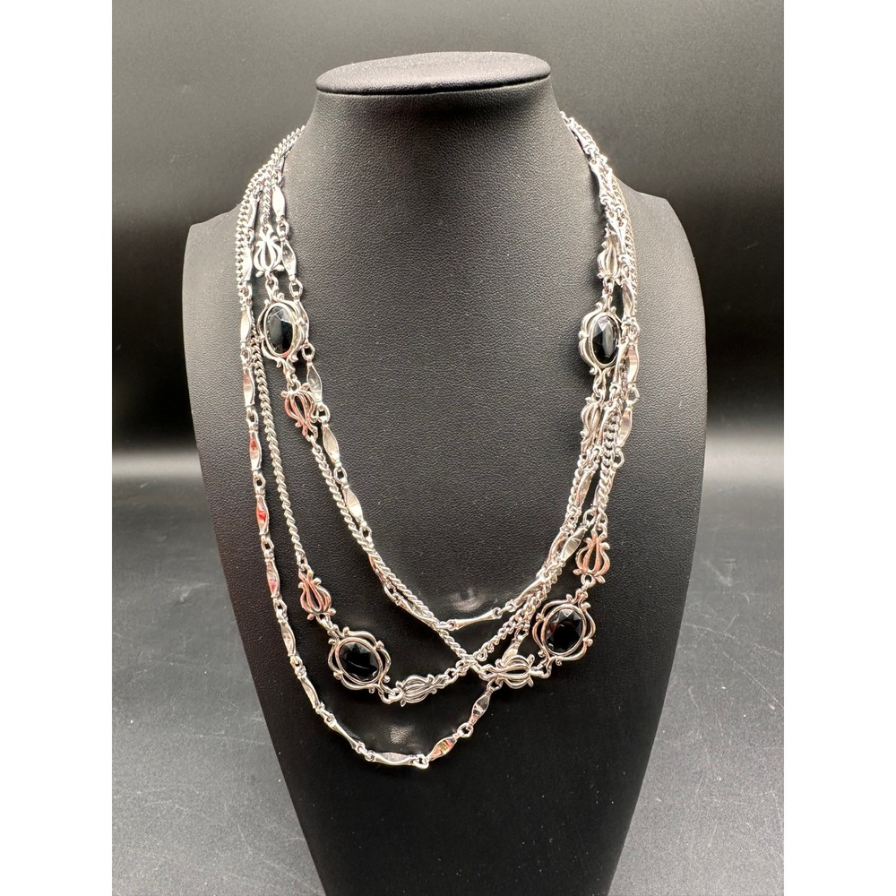 Sarah Coventry Vintage Silver Tone Black Cabochon Extra Long Layer Necklace 74